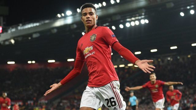 Manchester United's striker Mason Greenwood celebrates after scoring the opening goal of the UEFA Europa League Group L football match between Manchester United and Astana at Old Trafford in Manchester, north west England, on September 19, 2019.