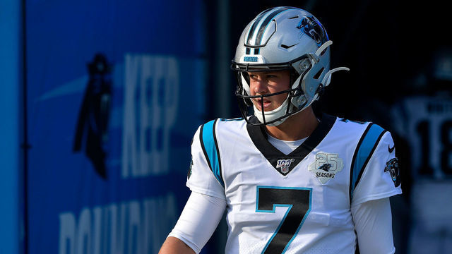 CHARLOTTE, NORTH CAROLINA - AUGUST 16: Kyle Allen #7 of the Carolina Panthers against the Buffalo Bills during the first half of their game at Bank of America Stadium on August 16, 2019 in Charlotte, North Carolina.