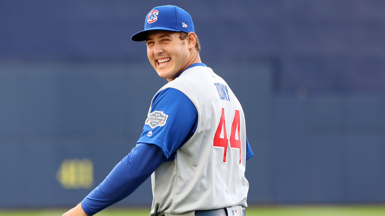 WILLIAMSPORT, PENNSYLVANIA - AUGUST 18: Anthony Rizzo #44 of the Chicago Cubs laughs before the game against the Pittsburgh Pirates during the MLB Little League Classic at Bowman Field on August 18, 2019 in Williamsport, Pennsylvania.