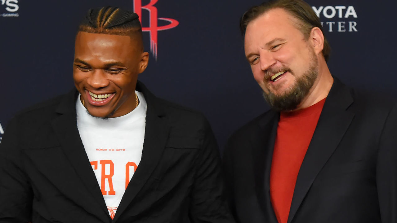 HOUSTON, TX - JULY 26: General Manager Daryl Morey, and Russell Westbrook #0 of the Houston Rockets smile during the Houston Rockets Introductory Press Conference on July 26, 2019 at the Toyota Center in Houston, Texas. Mandatory Copyright Notice: Copyright 2019 NBAE