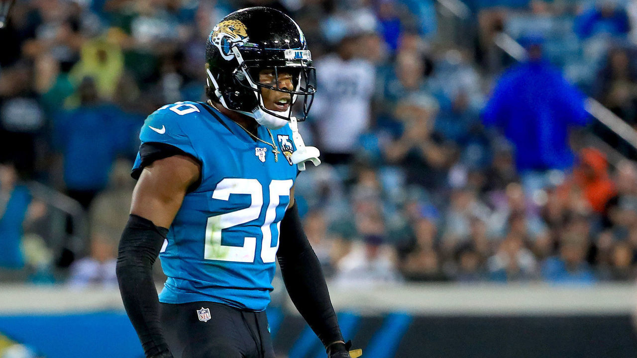 JACKSONVILLE, FLORIDA - SEPTEMBER 19: Jalen Ramsey #20 of the Jacksonville Jaguars reacts to a play during a game against the Tennessee Titans at TIAA Bank Field on September 19, 2019 in Jacksonville, Florida.