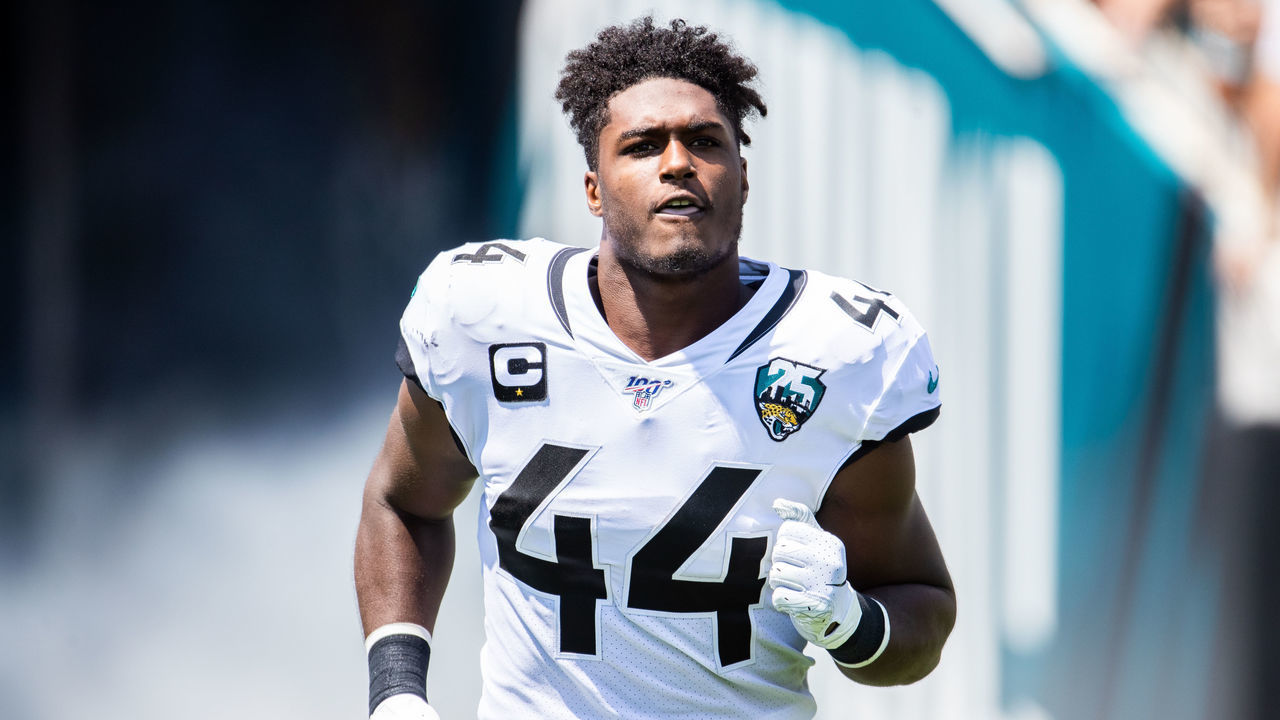 JACKSONVILLE, FLORIDA - SEPTEMBER 08: Myles Jack #44 of the Jacksonville Jaguars enters the field during player introductions before a game against the Kansas City Chiefs at TIAA Bank Field on September 08, 2019 in Jacksonville, Florida.