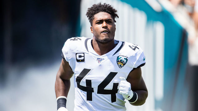 JACKSONVILLE, FLORIDA - SEPTEMBER 08: Myles Jack #44 of the Jacksonville Jaguars enters the field during player introductions before a game against the Kansas City Chiefs at TIAA Bank Field on September 08, 2019 in Jacksonville, Florida.
