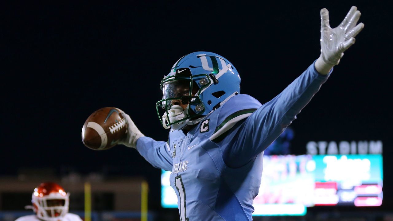 NEW ORLEANS, LOUISIANA - SEPTEMBER 19: Jalen McCleskey #1 of the Tulane Green Wave celebrates a touchdown during the first half of a game against the Houston Cougars at Yulman Stadium on September 19, 2019 in New Orleans, Louisiana.