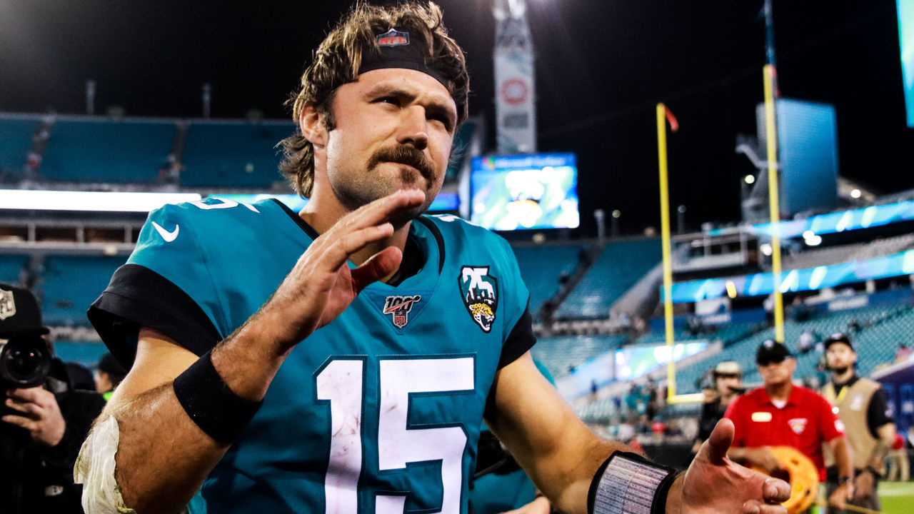 JACKSONVILLE, FLORIDA - SEPTEMBER 19: Jacksonville Jaguars quarterback Gardner Minshew II 15 after defeating the Tennessee Titans at TIAA Bank Field on September 19, 2019 in Jacksonville, Florida.