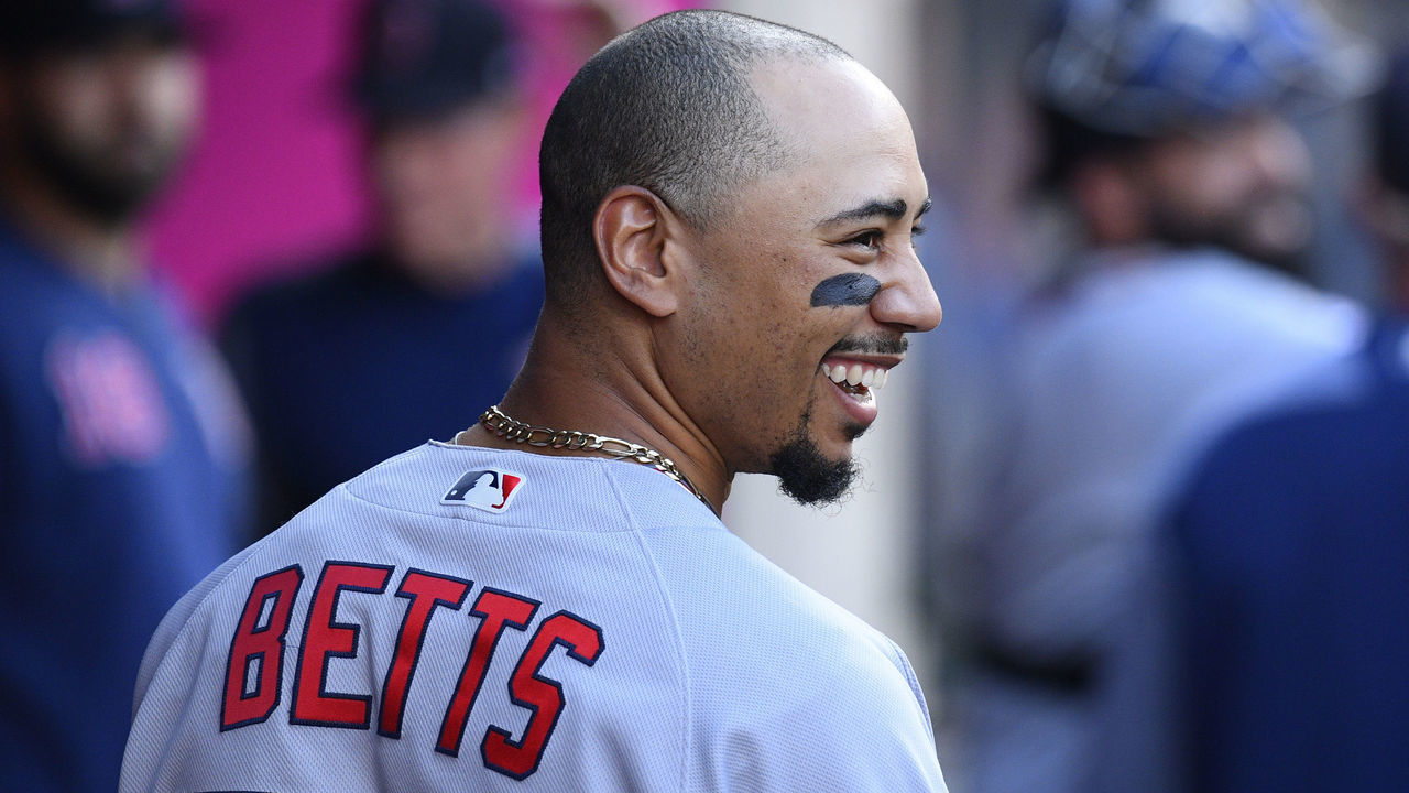 ANAHEIM, CA - AUGUST 31: Boston Red Sox center fielder Mookie Betts (50) looks on in the dugout during a MLB game between the Boston Red Sox and the Los Angeles Angels of Anaheim on August 31, 2019 at Angel Stadium of Anaheim in Anaheim, CA.