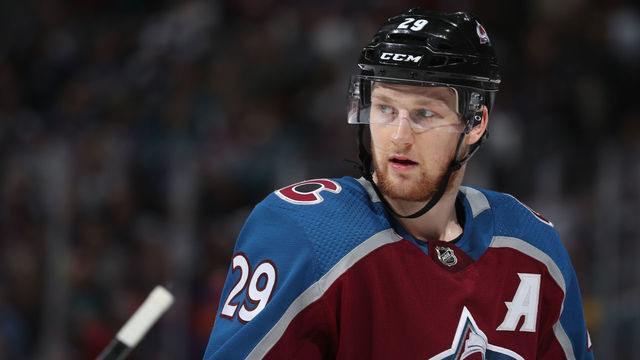 DENVER, CO - MAY 02:Nathan MacKinnon #29 of the Colorado Avalanche skates against the San Jose Sharks in Game Four of the Western Conference Second Round during the 2019 NHL Stanley Cup Playoffs at the Pepsi Center on May 2, 2019 in Denver, Colorado.