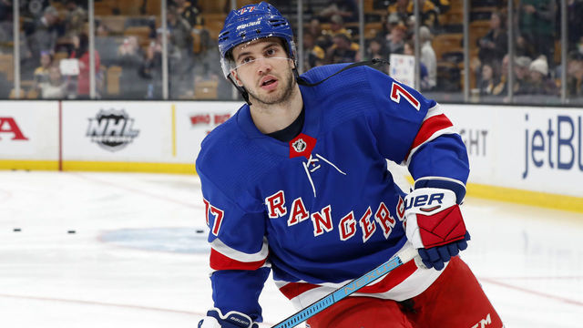 BOSTON, MA - MARCH 27: New York Rangers defenseman Tony DeAngelo (77) skates before a game between the Boston Bruins and the New York Rangers on March 27, 2019, at TD Garden in Boston, Massachusetts.