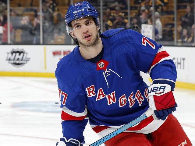 BOSTON, MA - MARCH 27: New York Rangers defenseman Tony DeAngelo (77) skates before a game between the Boston Bruins and the New York Rangers on March 27, 2019, at TD Garden in Boston, Massachusetts.
