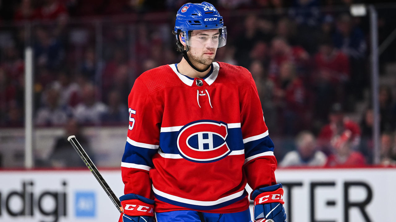 MONTREAL, QC - APRIL 06: Look on Montreal Canadiens center Ryan Poehling (25) during the Toronto Maple Leafs versus the Montreal Canadiens game on April 06, 2019, at Bell Centre in Montreal, QC
