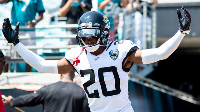 JACKSONVILLE, FLORIDA - SEPTEMBER 08: Jalen Ramsey #20 of the Jacksonville Jaguars enters the field during warmups before a game against the Kansas City Chiefs at TIAA Bank Field on September 08, 2019 in Jacksonville, Florida.