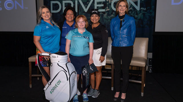 PHOENIX, ARIZONA - MARCH 20: (L-R) Stephanie Peareth, Nancy Lopez, Amy Bockerstette, Lizette Salas and Roberta Bowman pose for a photo during the LPGA Announcement of new brand positioning encouraging girls to #DriveOn at JW Marriott Phoenix Desert Ridge on March 20, 2019 in Phoenix, Arizona.