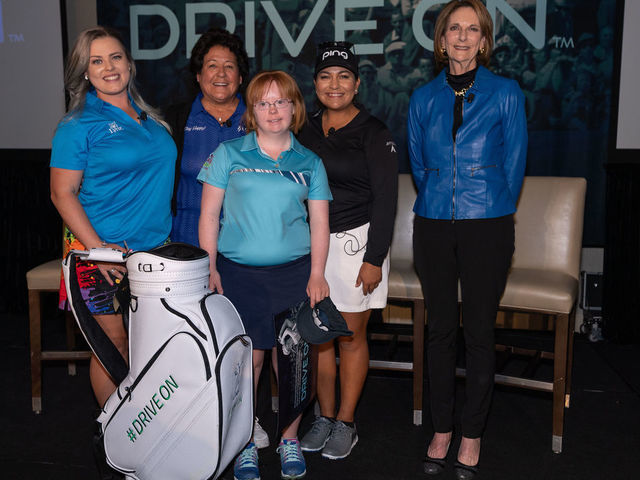 PHOENIX, ARIZONA - MARCH 20: (L-R) Stephanie Peareth, Nancy Lopez, Amy Bockerstette, Lizette Salas and Roberta Bowman pose for a photo during the LPGA Announcement of new brand positioning encouraging girls to #DriveOn at JW Marriott Phoenix Desert Ridge on March 20, 2019 in Phoenix, Arizona.