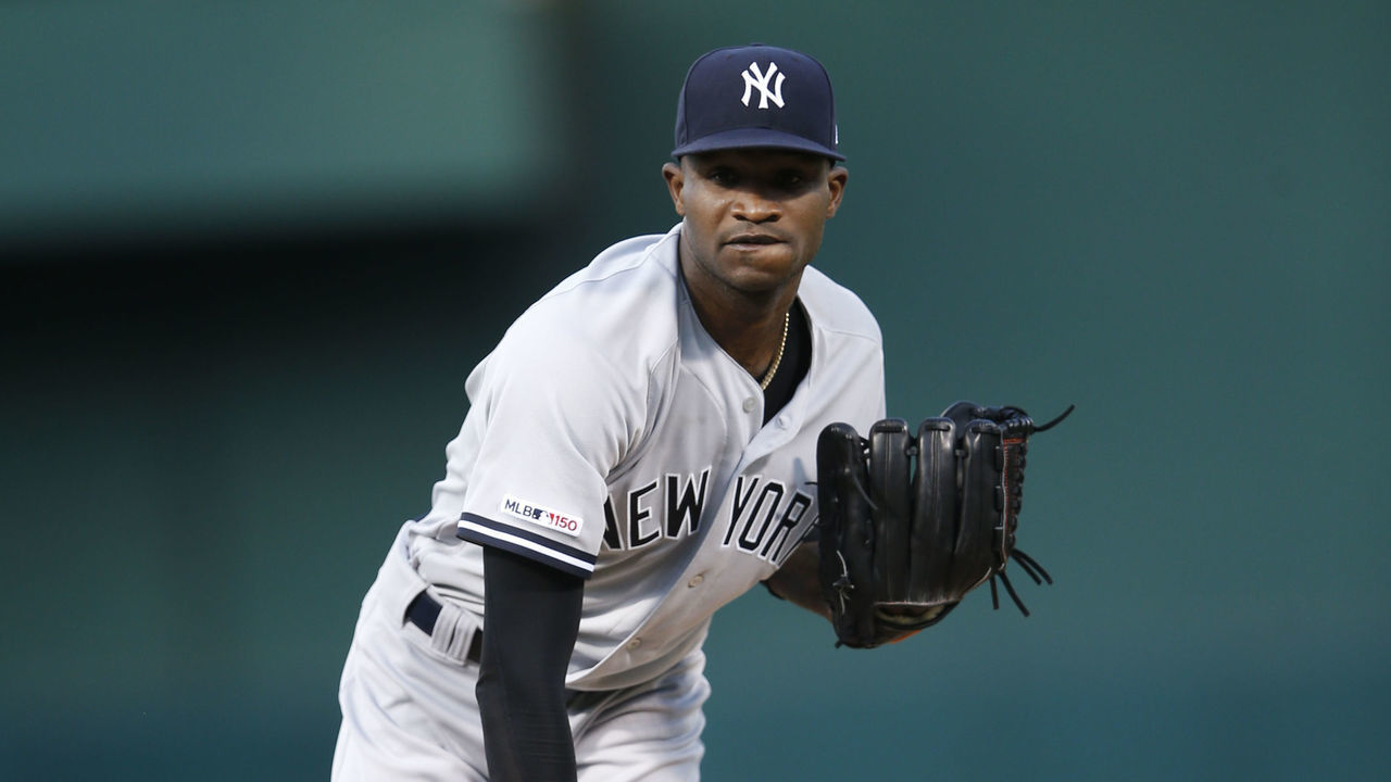 OAKLAND, CA - AUGUST 20: Domingo German #55 of the New York Yankees pitches during the game against the Oakland Athletics at the Oakland-Alameda County Coliseum on August 20, 2019 in Oakland, California. The Athletics defeated the Yankees 6-2.