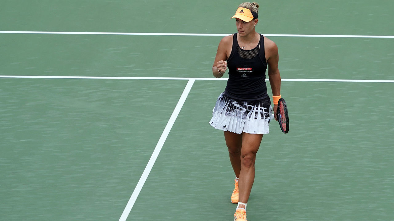 OSAKA, JAPAN - SEPTEMBER 20: Angelique Kerber of Germany celebrates after Madison Keys of the United States during day five of the Toray Pan Pacific Open at Utsubo Tennis Cent on September 20, 2019 in Osaka, Japan.