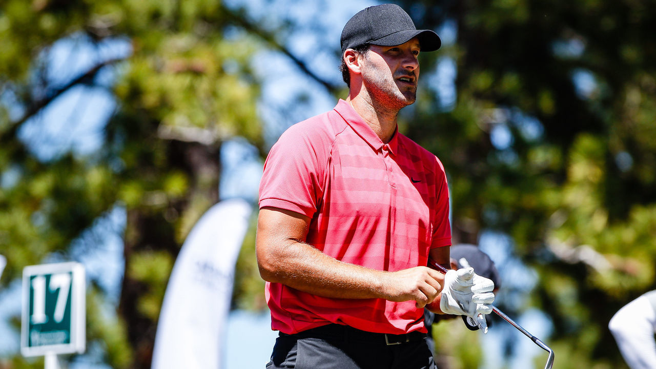 STATELINE, NEVADA - JULY 13: Tony Romo walks to the tee of the 17th hole during round 2 of the American Century Championship at Edgewood Tahoe Golf Course on July 13, 2019 in Stateline, Nevada.