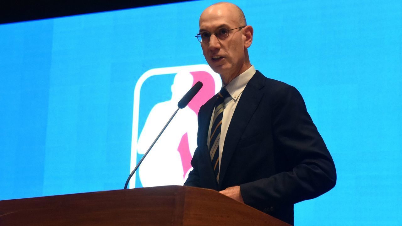NBA Commissioner Adam Silver speaks during the announcement of the The NBA-backed Basketball Africa League (BAL) at the Museum of Black Civilisations in Dakar, on July 30 2019. - The NBA-backed Basketball Africa League (BAL) unveiled host cities Tuesday for its inaugural season, with Kigali, Rwanda, as the named host city for the first semi-final and championship games. Cairo, Egypt; Dakar, Senegal; Lagos, Nigeria; Luanda, Angola; Rabat, Morocco and a Tunisian city, Tunis or Monastir, were announced as the sites for BAL regular-season games. The BAL, featuring 12 club teams from across Africa, is set to begin play in March 2020.