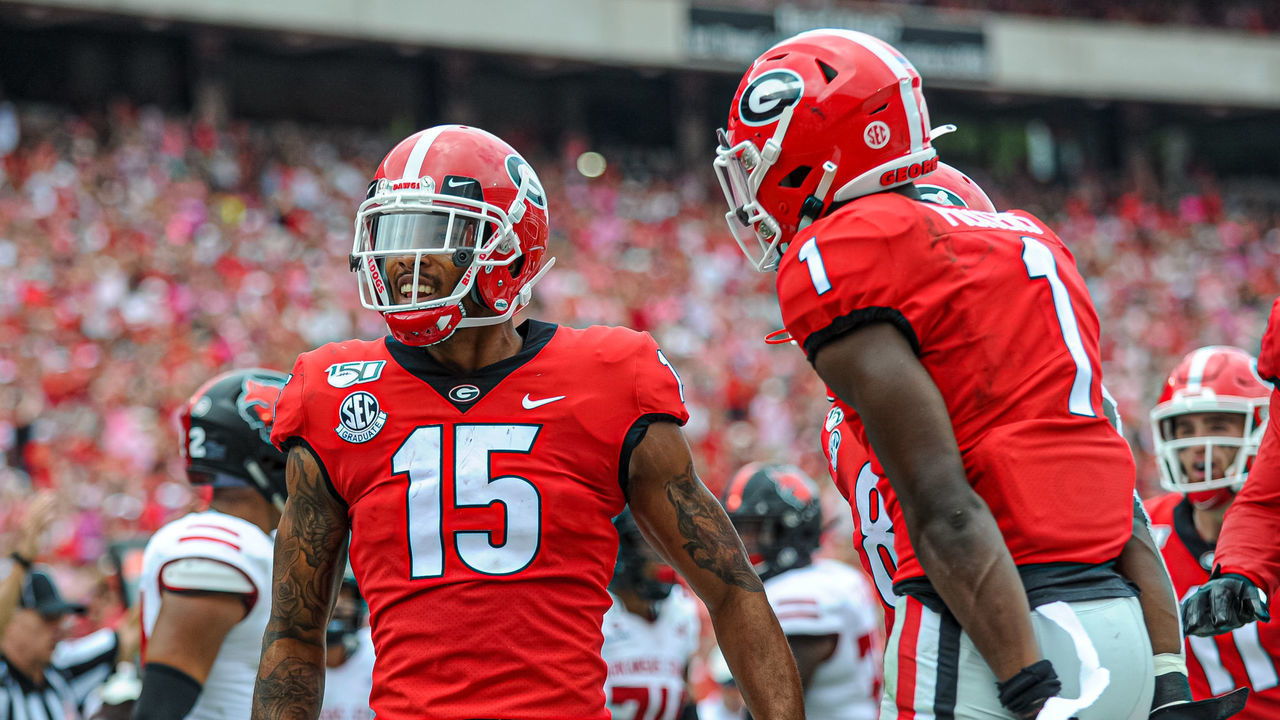 ATHENS, GA - SEPTEMBER 14: Georgia Bulldogs wide receiver Lawrence Cager (15) celebrates his touchdown during the game between the Arkansas State Red Wolves and the Georgia Bulldogs on September 14, 2019, at Sanford Stadium in Athens, GA.