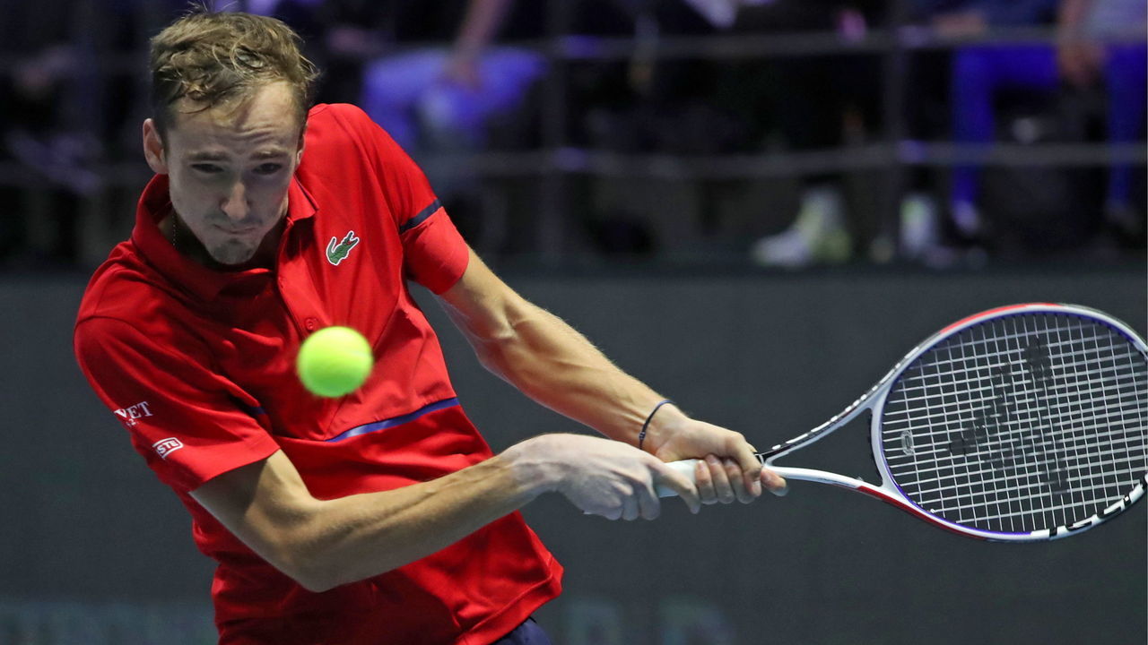 ST PETERSBURG, RUSSIA - SEPTEMBER 19, 2019: Russia's Daniil Medvedev returns the ball in a Round 2 match against Russia's Evgeny Donskoy at the St Petersburg Open 2019 tennis tournament at Sibur Arena. Alexander Demianchuk/TASS