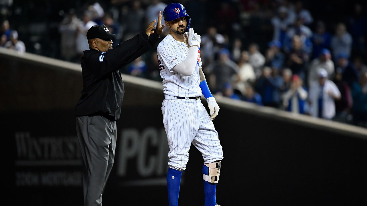 CHICAGO, ILLINOIS - SEPTEMBER 16: Nicholas Castellanos #6 of the Chicago Cubs reacts after hitting a double against the Cincinnati Reds at Wrigley Field on September 16, 2019 in Chicago, Illinois.