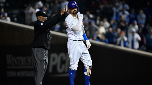 CHICAGO, ILLINOIS - SEPTEMBER 16: Nicholas Castellanos #6 of the Chicago Cubs reacts after hitting a double against the Cincinnati Reds at Wrigley Field on September 16, 2019 in Chicago, Illinois.