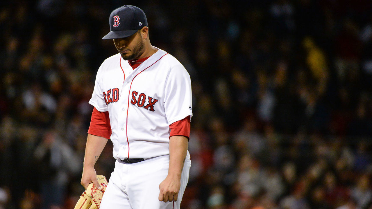 BOSTON, MA - SEPTEMBER 18: Jhoulys Chacin #43 of the Boston Red Sox reacts after being pulled in the third inning against the San Francisco Giants at Fenway Park on September 18, 2019 in Boston, Massachusetts.