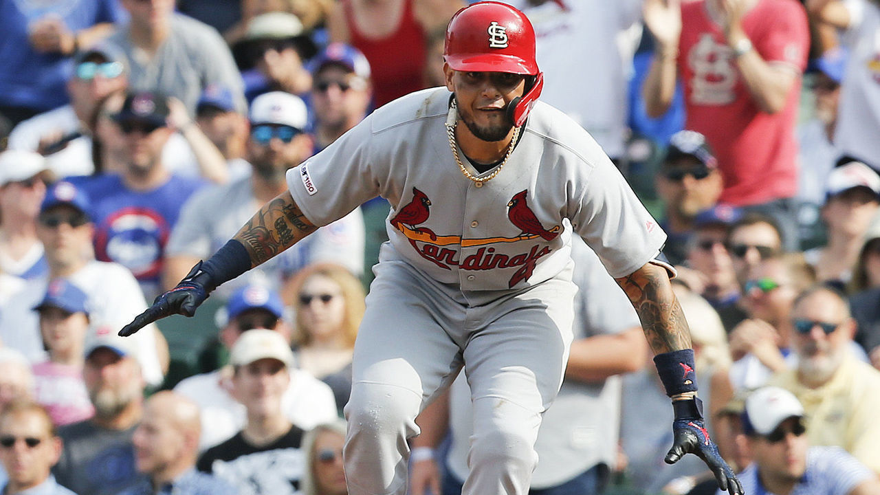 CHICAGO, ILLINOIS - SEPTEMBER 20: Yadier Molina #4 of the St. Louis Cardinals reacts after his two RBI single during the sixth inning of a game against the Chicago Cubs at Wrigley Field on September 20, 2019 in Chicago, Illinois.