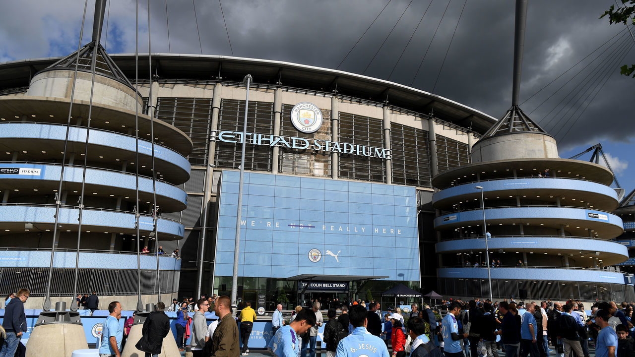 MANCHESTER, ENGLAND - AUGUST 17: General view outside the stadium prior to the Premier League match between Manchester City and Tottenham Hotspur at Etihad Stadium on August 17, 2019 in Manchester, United Kingdom.