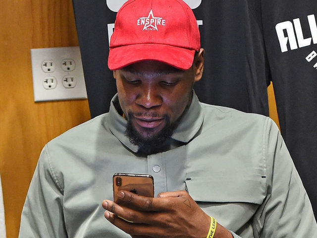 CHARLOTTE, NC - FEBRUARY 16: Kevin Durant #35 of Team LeBron gets ready in the locker room before the 2019 NBA All-Star Practice and Media Availability on February 16, 2019 at Bojangles Coliseum in Charlotte, North Carolina. Mandatory Copyright Notice: Copyright 2019 NBAE