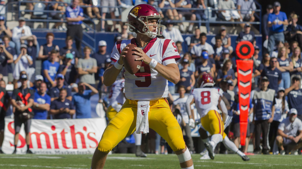 PROVO, UT - SEPTEMBER 14 : Kedon Slovis #9 of the USC Trojans throws a pass against the BYU Cougars during their game at LaVell Edwards Stadium on September 14, in Provo, Utah.