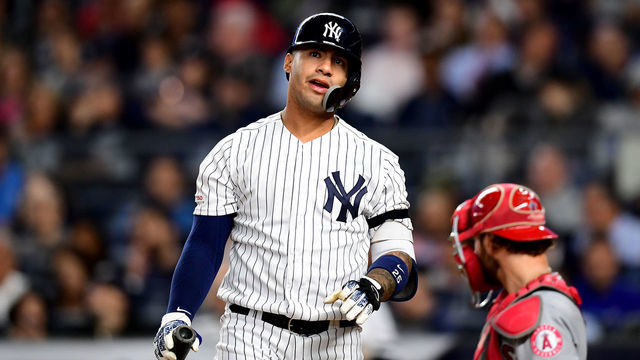 NEW YORK, NEW YORK - SEPTEMBER 18: Gleyber Torres #25 of the New York Yankees reacts after striking out in inning five of their game against the Los Angeles Angels at Yankee Stadium on September 18, 2019 in the Bronx borough of New York City.