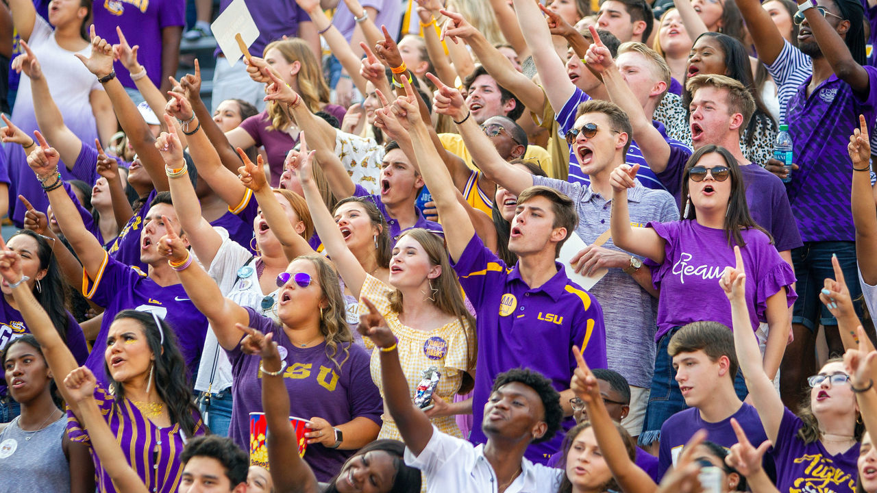 BATON ROUGE, LA - SEPTEMBER 14: Fans cheer from the stands during a game between the Northwestern State Demons and the LSU Tigers at Tiger Stadium in Baton Rouge, Louisiana on September 14, 2019.