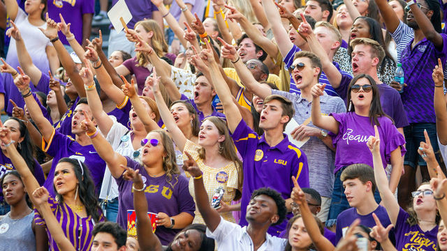 BATON ROUGE, LA - SEPTEMBER 14: Fans cheer from the stands during a game between the Northwestern State Demons and the LSU Tigers at Tiger Stadium in Baton Rouge, Louisiana on September 14, 2019.