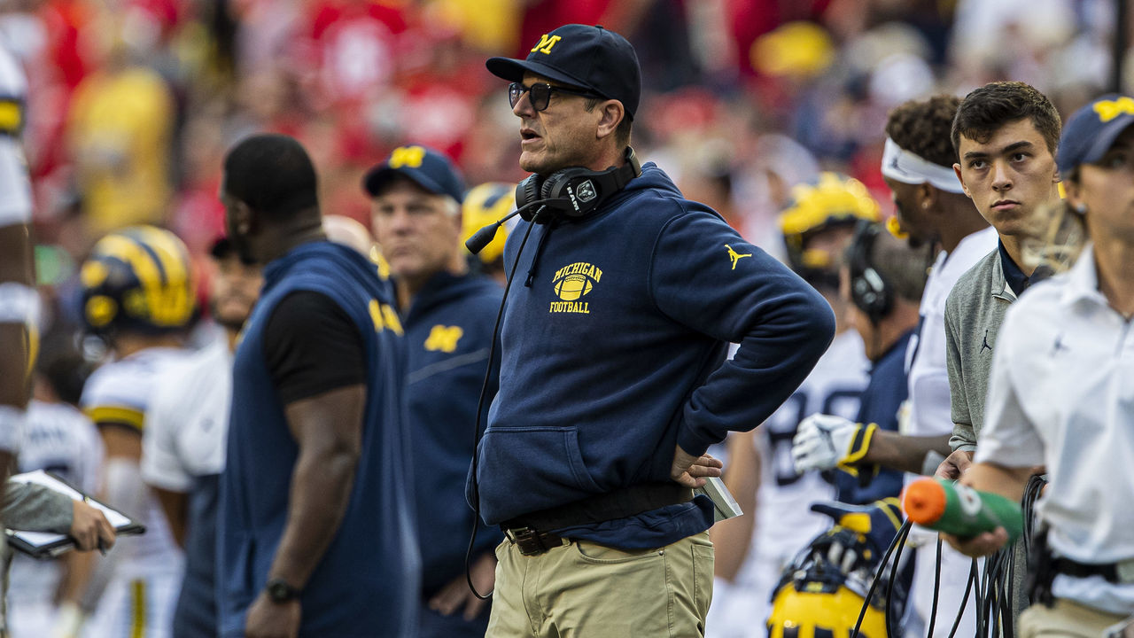 MADISON, WI - SEPTEMBER 21: Michigan Wolverines head coach Jim Harbaugh watches on durning a break in action during a college football game between the Michigan Wolverines and the Wisconsin Badgers on September 21, 2019, at Camp Randall Stadium in Madison, WI.