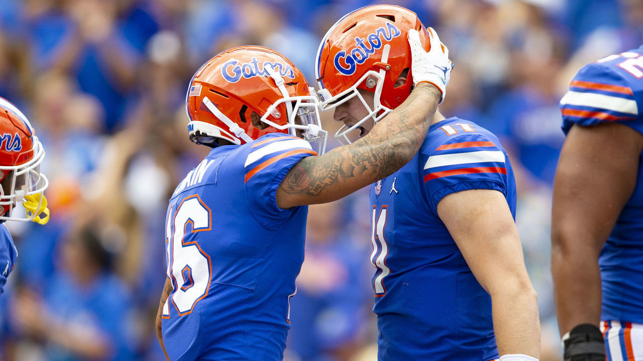 GAINESVILLE, FL- SEPTEMBER 21: Freddie Swain #16 and Kyle Trask #11 of the Florida Gators celebrate Swain's touchdown during the second half of the game at Ben Hill Griffin Stadium on September 21, 2019 in Gainesville, Florida.