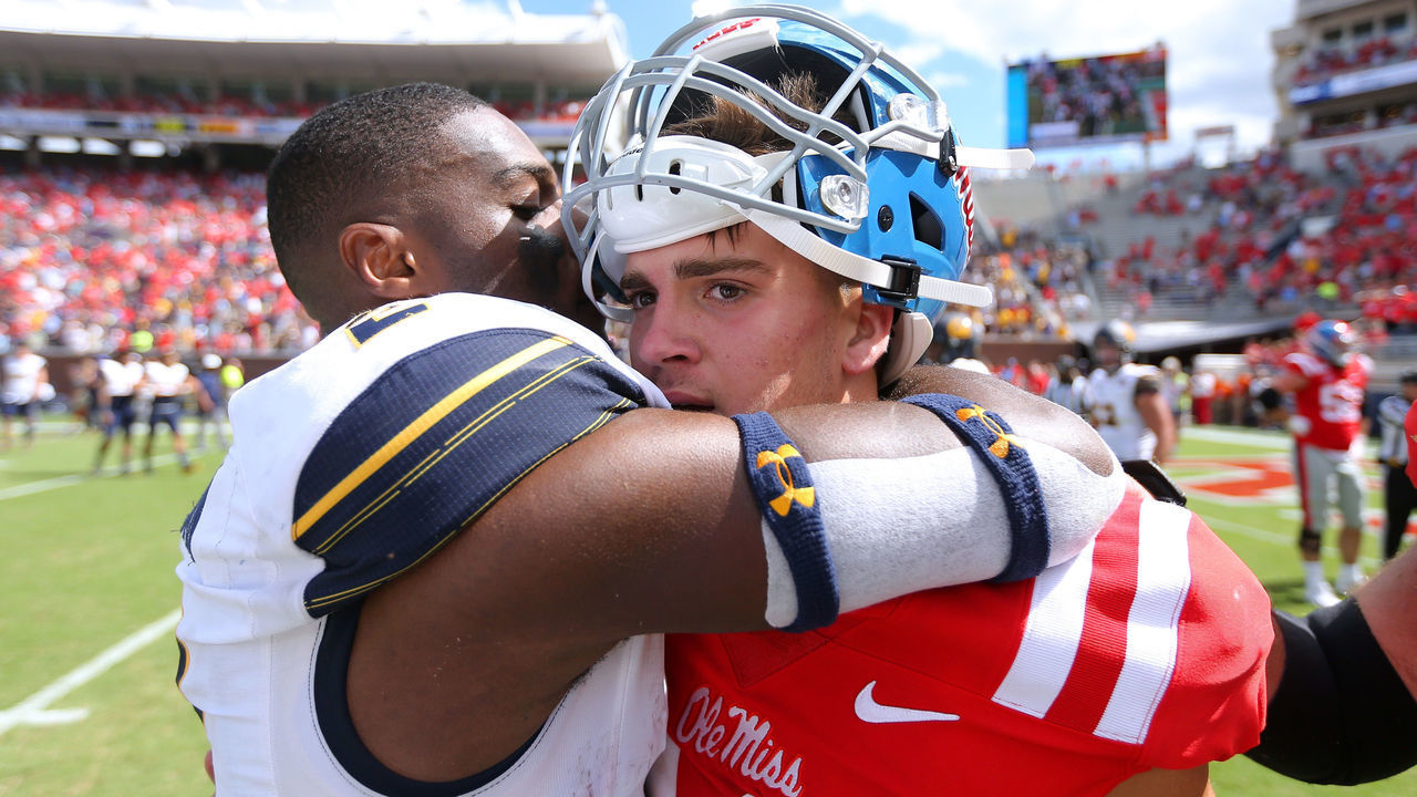 OXFORD, MISSISSIPPI - SEPTEMBER 21: John Rhys Plumlee #10 of the Mississippi Rebels and Jordan Duncan #2 of the California Golden Bears react after a game at Vaught-Hemingway Stadium on September 21, 2019 in Oxford, Mississippi. California Golden Bears won 28-20.