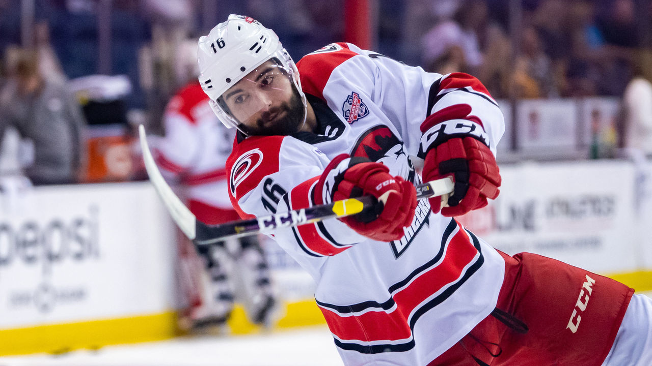 ROSEMONT, IL - JUNE 08: Charlotte Checkers right wing Stelio Mattheos (16) warms up prior to game five of the AHL Calder Cup Finals against the Chicago Wolves on June 8, 2019, at the Allstate Arena in Rosemont, IL.