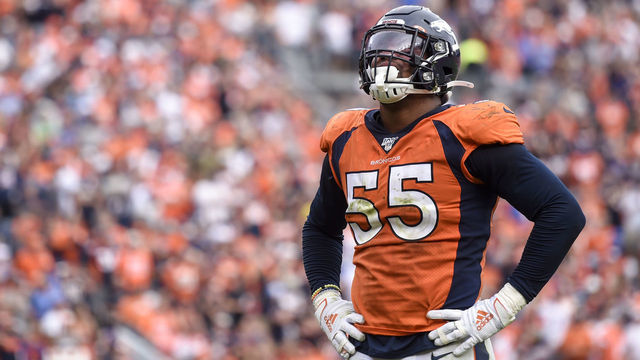 DENVER, CO - SEPTEMBER 15: Bradley Chubb (55) of the Denver Broncos disputes the touchdown call in favor of David Montgomery (32) of the Chicago Bears during the second half of Chicaco's 16-14 win on Sunday, September 15, 2019.