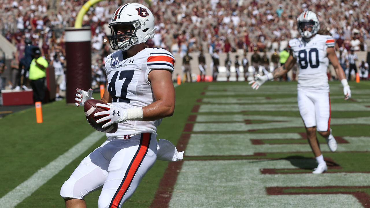COLLEGE STATION, TEXAS - SEPTEMBER 21: John Samuel Shenker #47 of the Auburn Tigers catches a six yard pass for a touchdown during the first quarter against the Texas A&M Aggies at Kyle Field on September 21, 2019 in College Station, Texas.