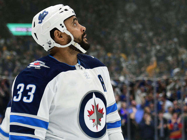 ST. LOUIS, MO - APRIL 20: Winnipeg Jets defenseman Dustin Byfuglien (33) during a first round Stanley Cup Playoffs game between the Winnipeg Jets and the St. Louis Blues, on April 20, 2019, at Enterprise Center, St. Louis, Mo.