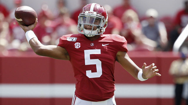 TUSCALOOSA, AL - SEPTEMBER 21: Taulia Tagovailoa #5 of the Alabama Crimson Tide throws a pass in the fourth quarter against the Southern Mississippi Golden Eagles at Bryant-Denny Stadium on September 21, 2019 in Tuscaloosa, Alabama. Alabama defeated Southern Miss 49-7.