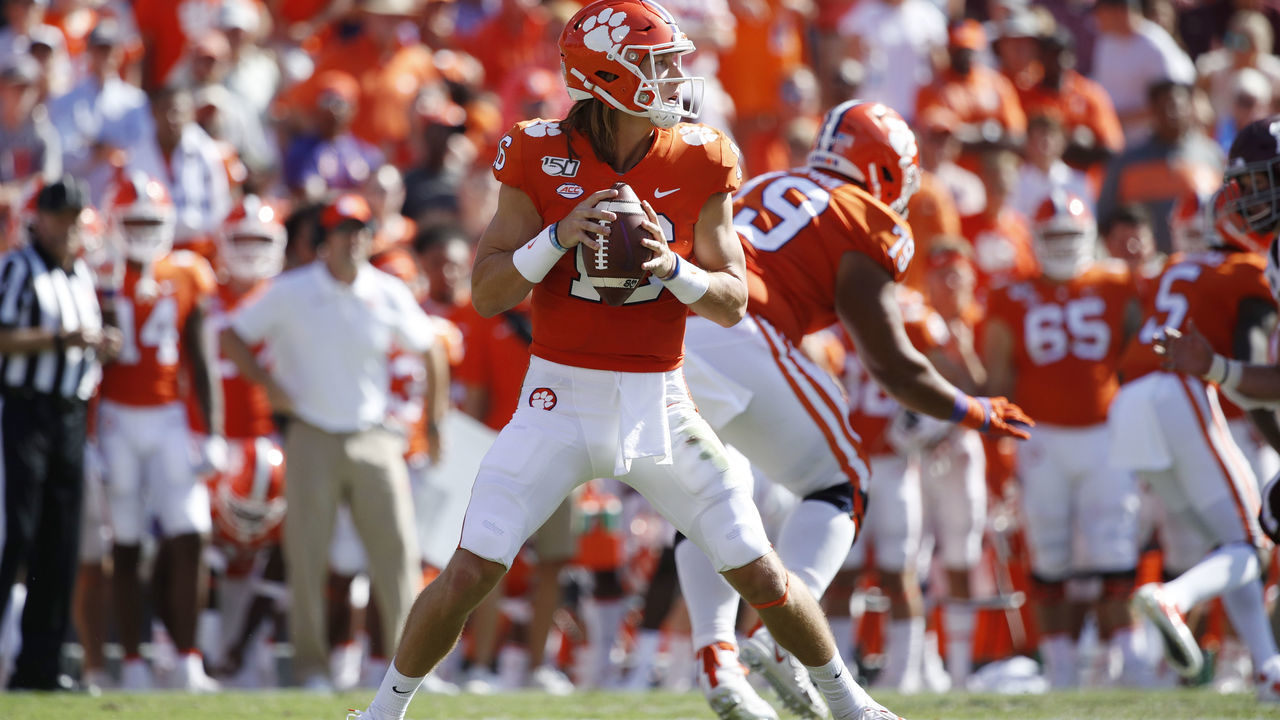 CLEMSON, SC - SEPTEMBER 07: Trevor Lawrence #16 of the Clemson Tigers looks to pass the ball during a game against the Texas A&M Aggies at Memorial Stadium on September 7, 2019 in Clemson, South Carolina. Clemson defeated Texas A&M 24-10.