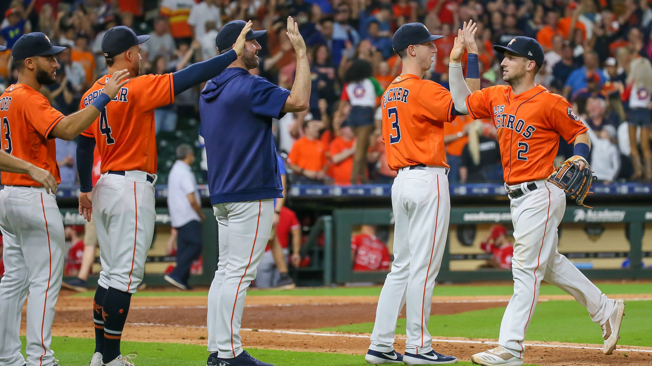 HOUSTON, TX - SEPTEMBER 20: Houston Astros players celebrate their 6-4 win during the baseball game between the Los Angeles Angels and Houston Astros on September 20, 2019 at Minute Maid Park in Houston, Texas.
