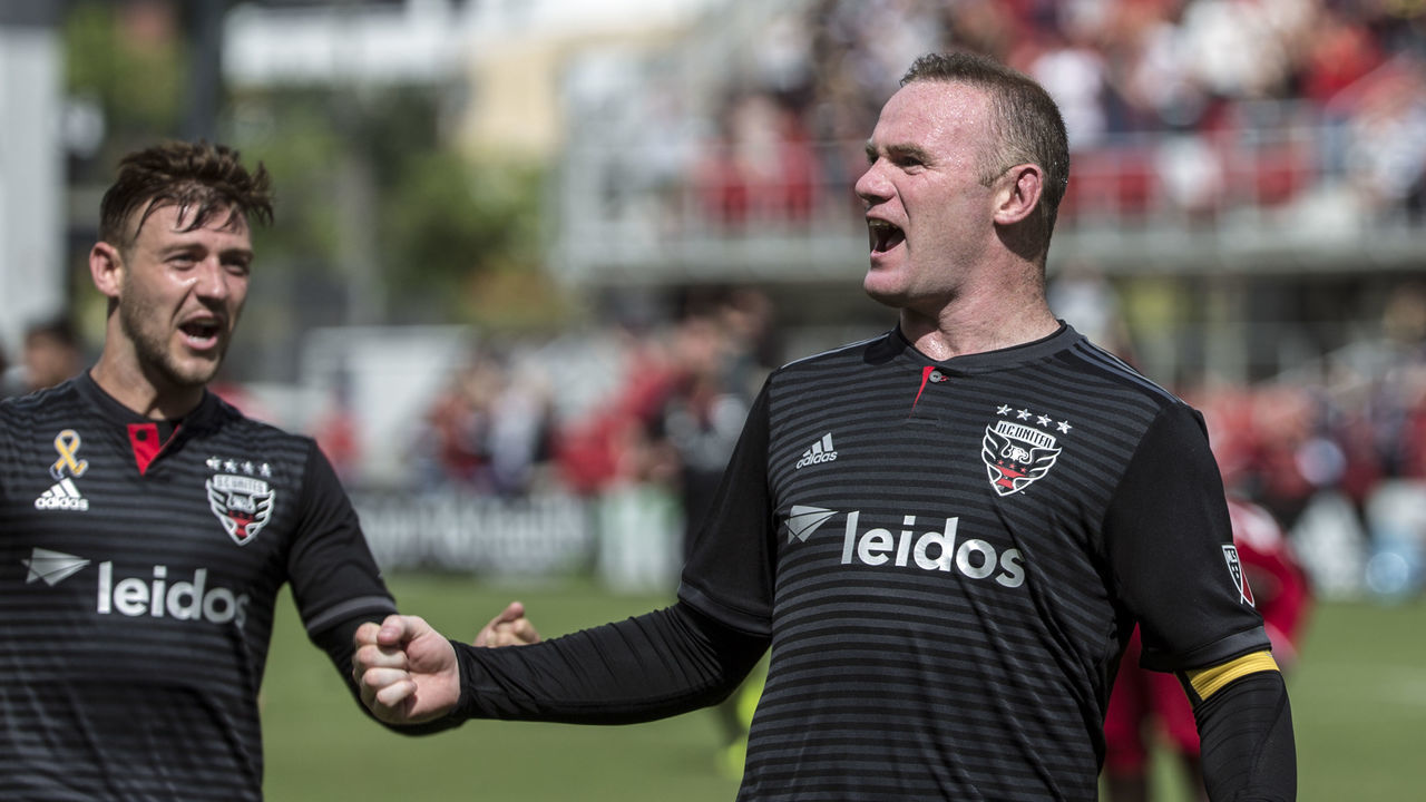WASHINGTON, DC - SEPTEMBER 16: D.C. United forward Wayne Rooney (9) after scoring his teams second goal during a MLS match between D.C. United and the New York Red Bulls on September 16, 2018, at Audi Field, in Washington D.C. The game ended tied 3-3.