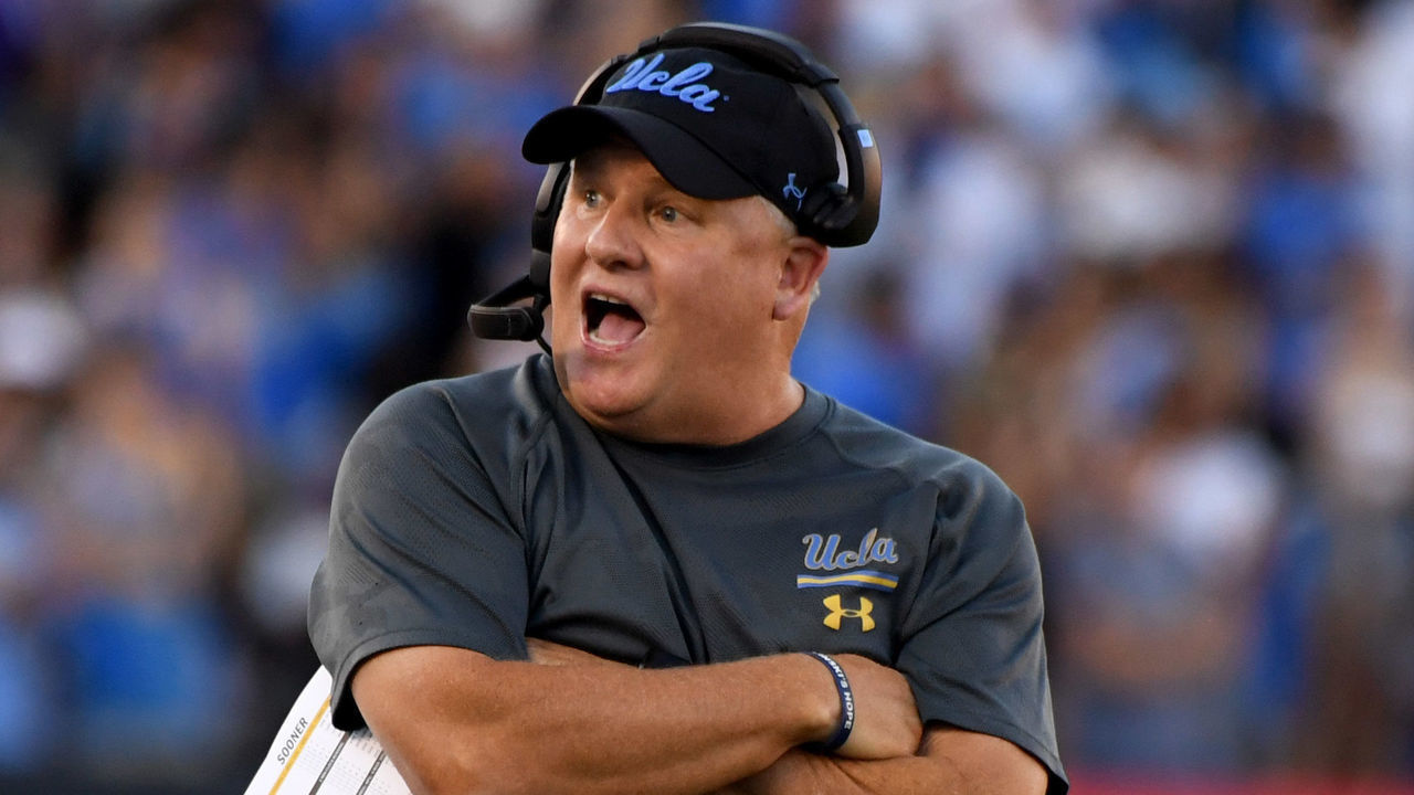 PASADENA, CA - SEPTEMBER 14: Head coach Chip Kelly of the UCLA Bruins looks on against the Oklahoma Sooners in the first half of a NCAA football game at the Rose Bowl on Saturday, Sept. 14, 2019 in Pasadena, California.
