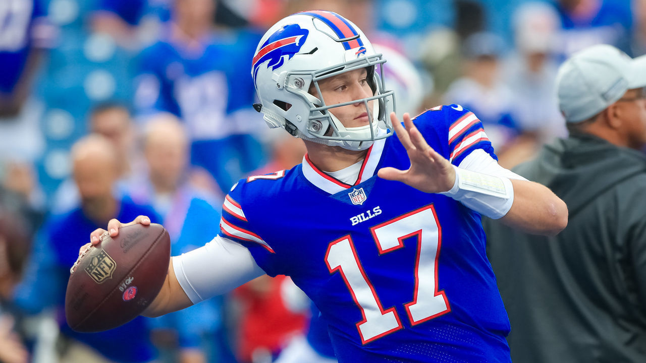 BUFFALO, NY - OCTOBER 07: Buffalo Bills quarterback Josh Allen (17) looks to pass during warm ups, prior to the game between the Tennessee Titans and the Buffalo Bills on October 07, 2018, at New Era Field in Orchard Park, NY.