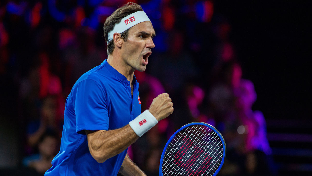 GENEVA, SWITZERLAND - SEPTEMBER 22: Roger Federer of Team Europe reacts after a point during Day 3 of the Laver Cup 2019 at Palexpo on September 22, 2019 in Geneva, Switzerland. The Laver Cup will see six players from the rest of the World competing against their counterparts from Europe. Team World is captained by John McEnroe and Team Europe is captained by Bjorn Borg. The tournament runs from September 20-22.