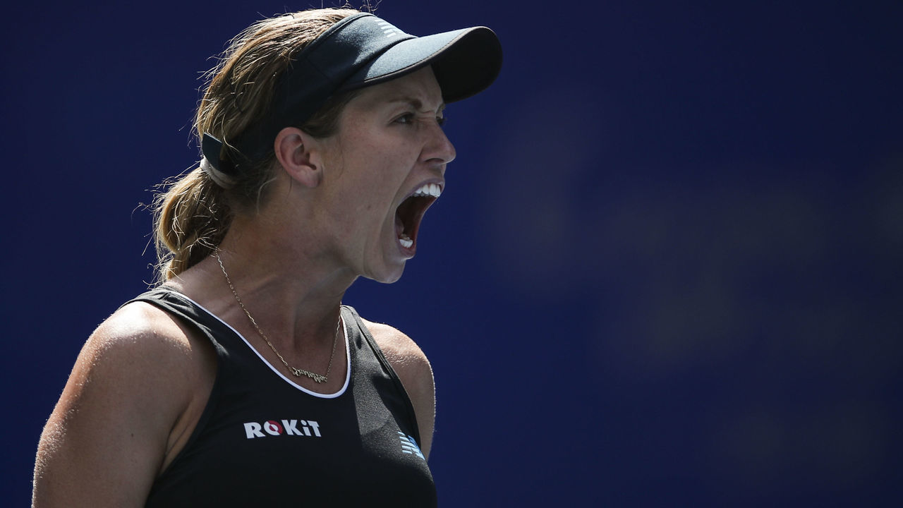 WUHAN, CHINA - SEPTEMBER 22: Danielle Collins of the United States celebrates a point in the first round match against Venus Williams of the United States on Day one of 2019 Dongfeng Motor Wuhan Open at Optics Valley International Tennis Center on September 22, 2019 in Wuhan, Hubei Province of China.