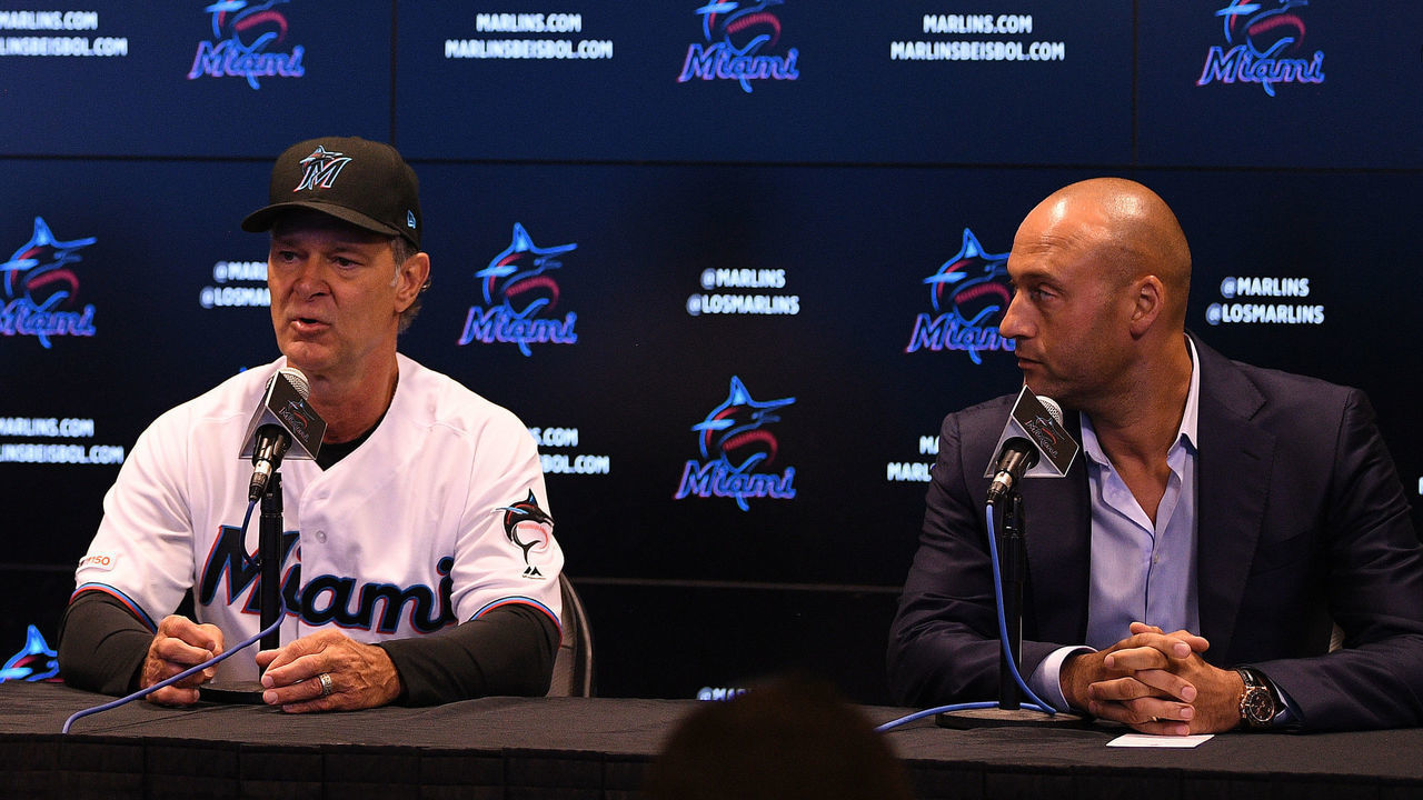 MIAMI, FLORIDA - SEPTEMBER 20: President of Baseball Operations Michael Hill, Manager Don Mattingly and Derek Jeter CEO of the Miami Marlins speak during a press conference at Marlins Park on September 20, 2019 in Miami, Florida.