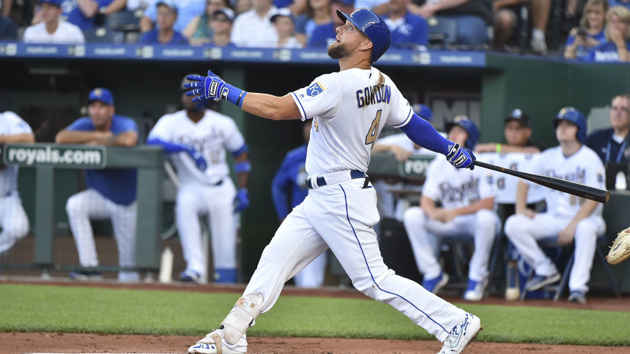KANSAS CITY, MO - JULY 12: Alex Gordon #4 of the Kansas City Royals hits against the Detroit Tigers at Kauffman Stadium on July 12, 2019 in Kansas City, Missouri.